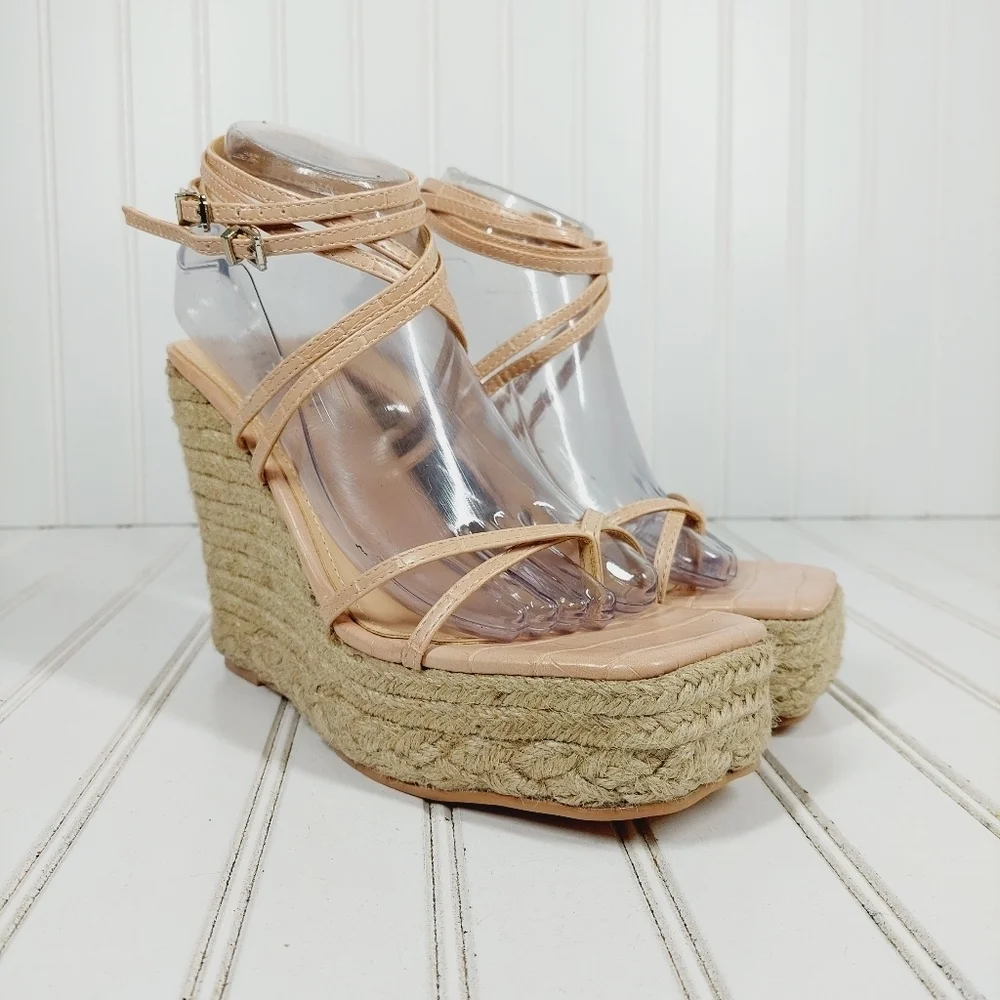 NEW Simmi Fabiana Nude Faux Croc Print Strappy Buckle Wedge Summer Sandals I547